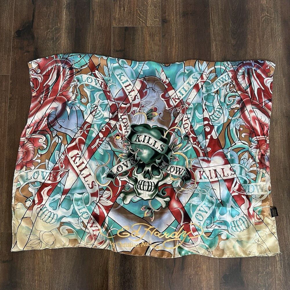 Ed Hardy Christian Audigier Silk Scarf Love Kills Slowly Skulls Ribbons Y2K